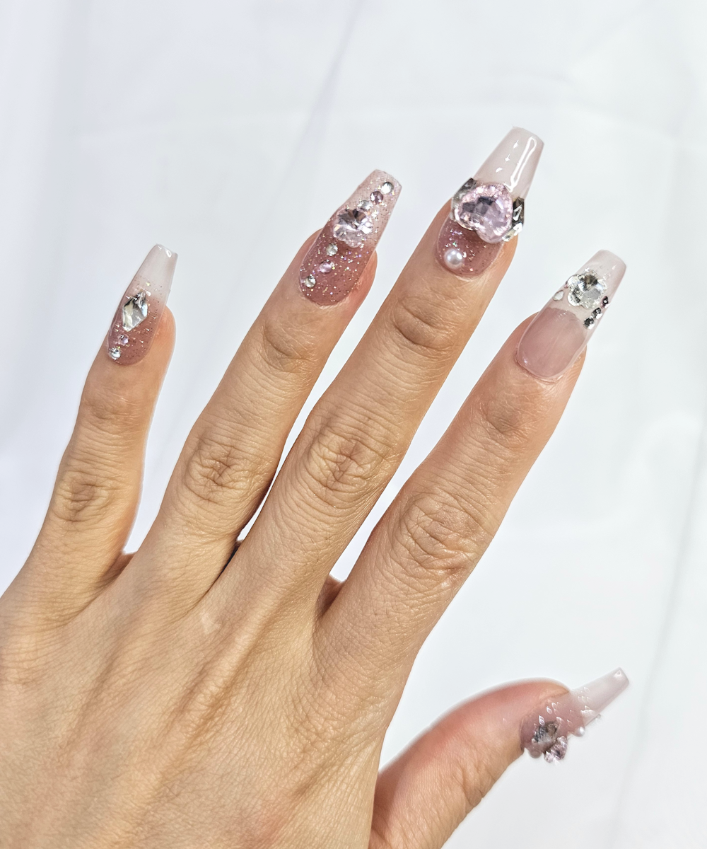 Handmade 3D Press on nails pink jewels