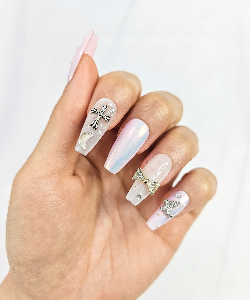 Handmade 3D Press on nails pink metallic