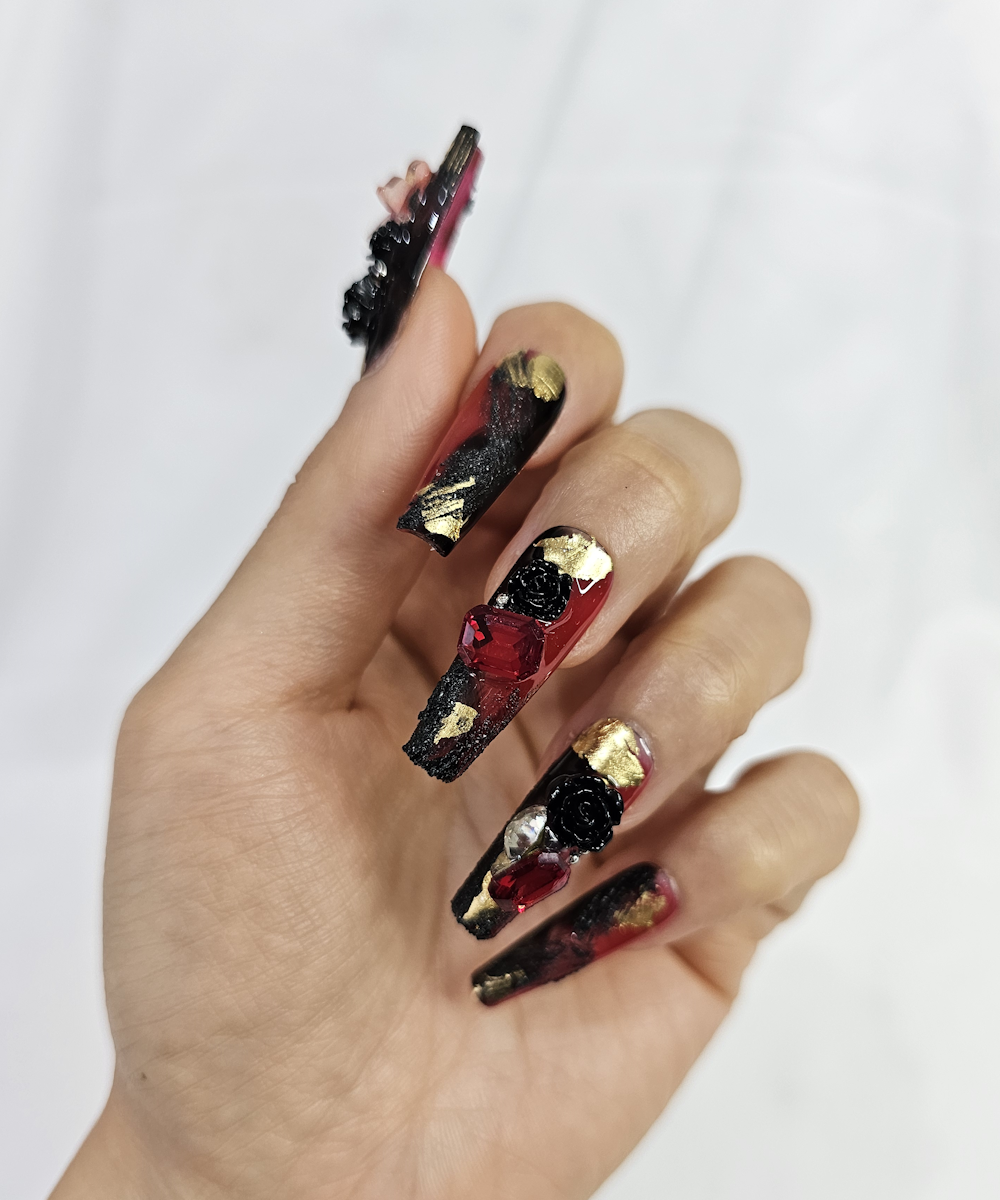 Red and black long square press ons